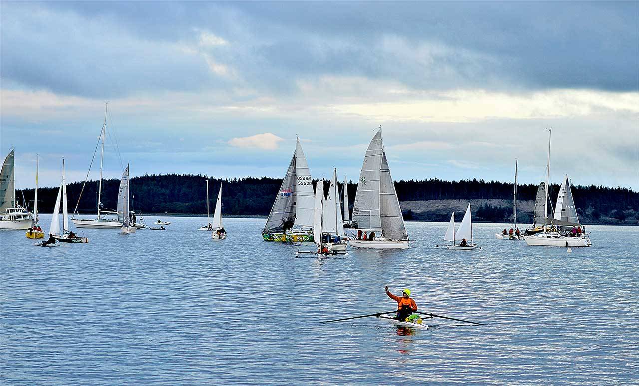 Rower Ken Deem of Tacoma, who placed second in the Seventy48 race last weekend, took a picture just before he started the WA360 in Port Townsend Bay on Monday morning. (Diane Urbani de la Paz/Peninsula Daily News)