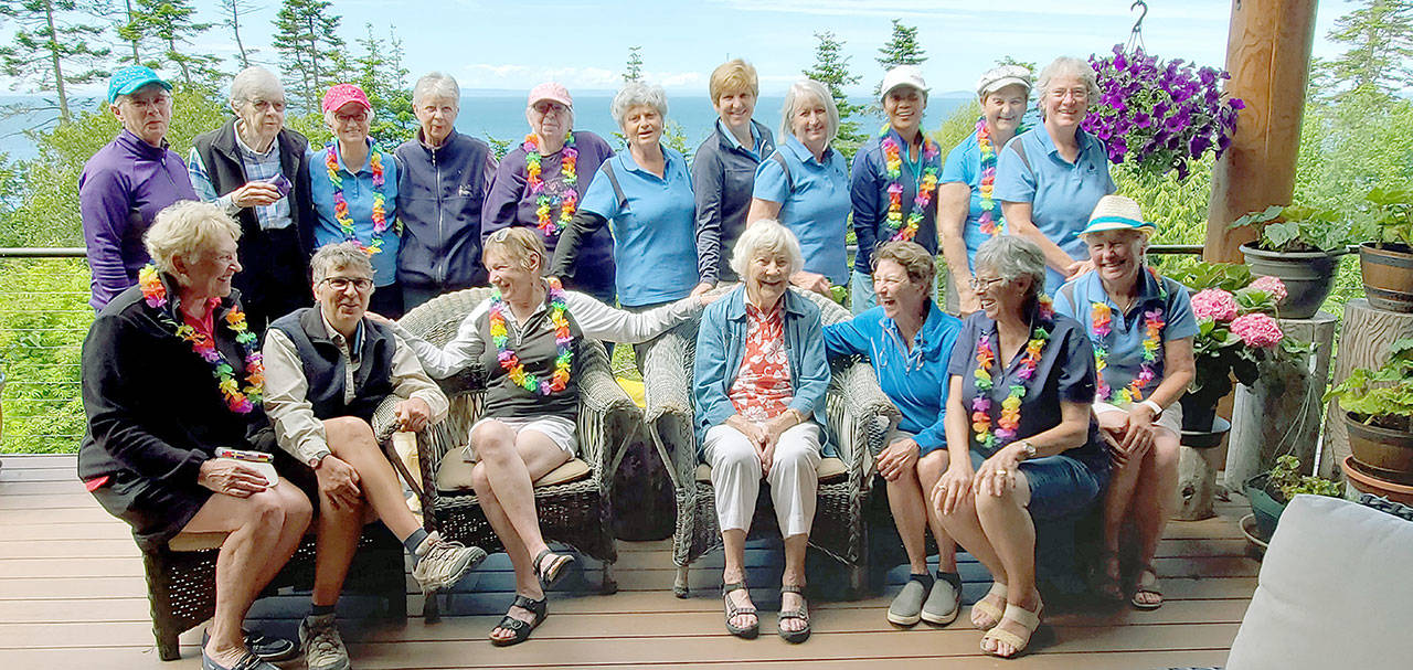 Discovery Bay Women’s Golf Club members celebrated Pat Burns’ 102nd birthday after play June 9. Club members are, front row from left, Judith Murdock, Cindy Breed, Wanda Synnestvedt, Pat Burns, Jerri Torson, Diane Solie, Lynn Pierle; back row from left, Cindy Westwood, Karen Newman, Marianne Ott, Vicki Young, Sheila Kilmer, Norma Lupkes, Terry Graham, Dee Sweeney (captain), Jane Peoples, Starla Audette, Jane Guiltinan (co-captain). Not pictured are Barb Aldrich, Katherine Buchanan and Linda Deal. (Photo courtesy of Discovery Bay Women’s Golf Club)