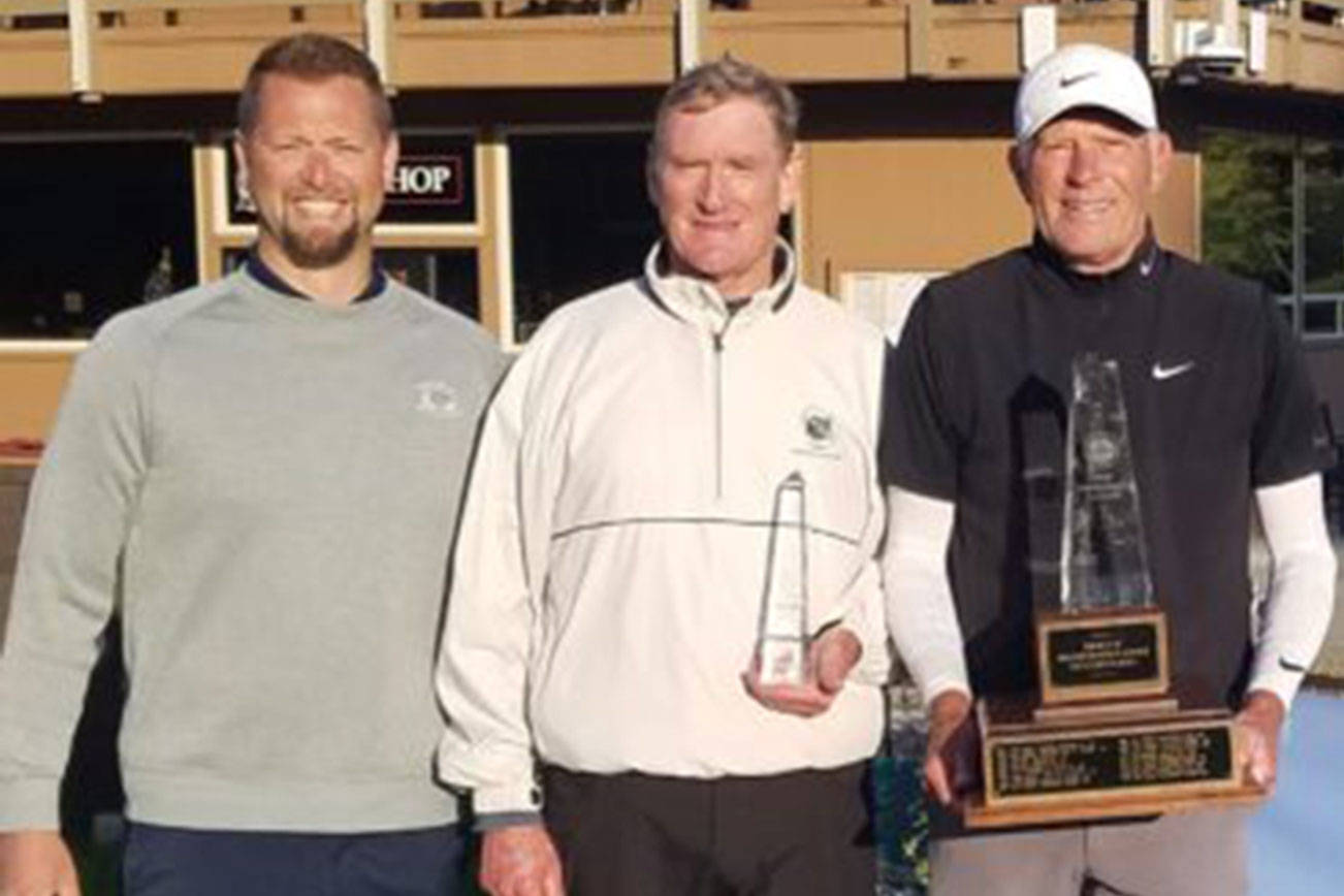 Western Washington PGA
Jeff Coston,right, won the 7 Cedars Senior Washington Open held at The Cedars at Dungeness in Sequim for the 11th time. Coston is joined by Chad Wagner, director of golf at The Cedars at Dungeness, left, and amateur champion Tom Brandes.