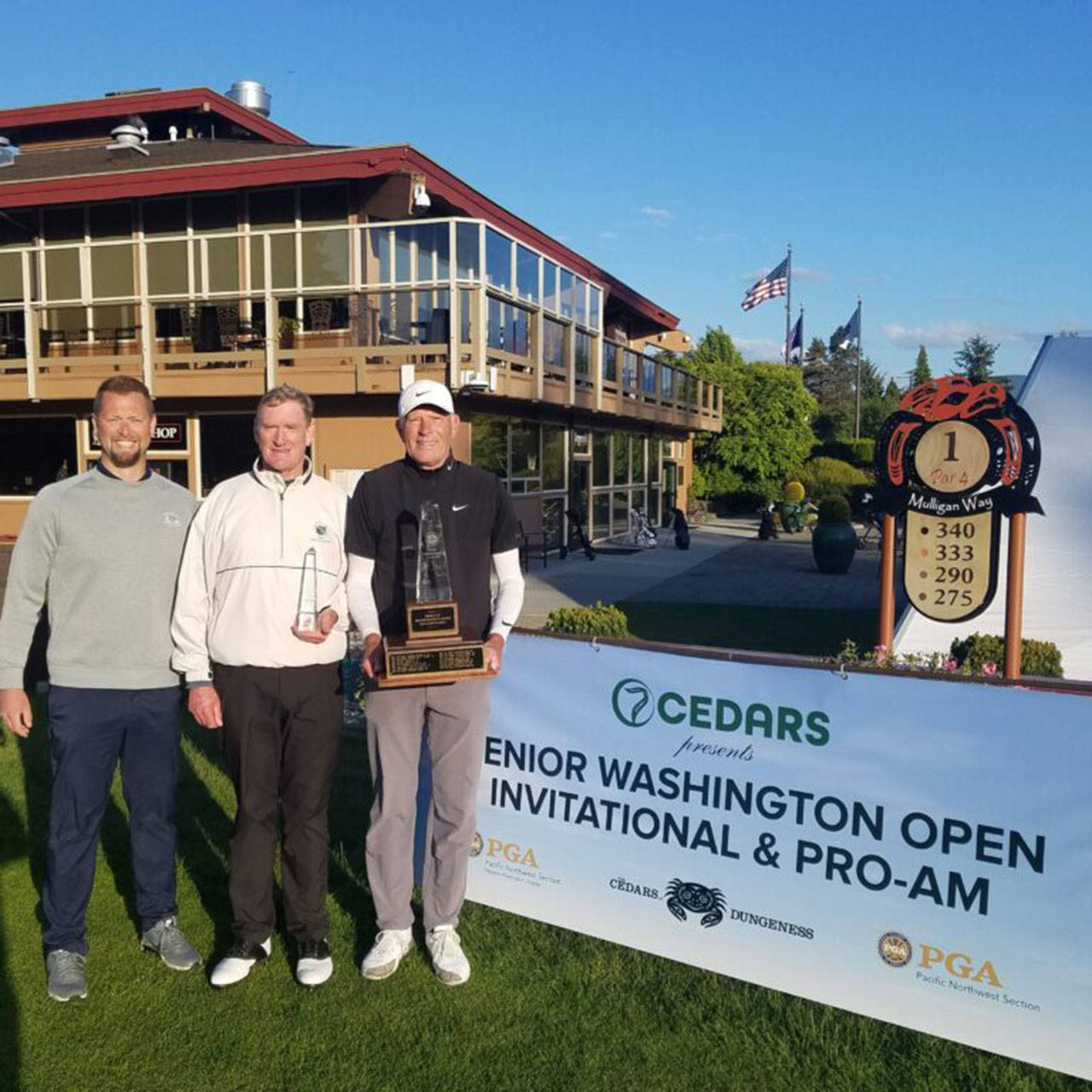 Jeff Coston, right, won the 7 Cedars Senior Washington Open held at The Cedars at Dungeness in Sequim for the 11th time. Coston is joined by Chad Wagner, director of golf at The Cedars at Dungeness, left, and amateur champion Tom Brandes. (Photo courtesy of Western Washington PGA)