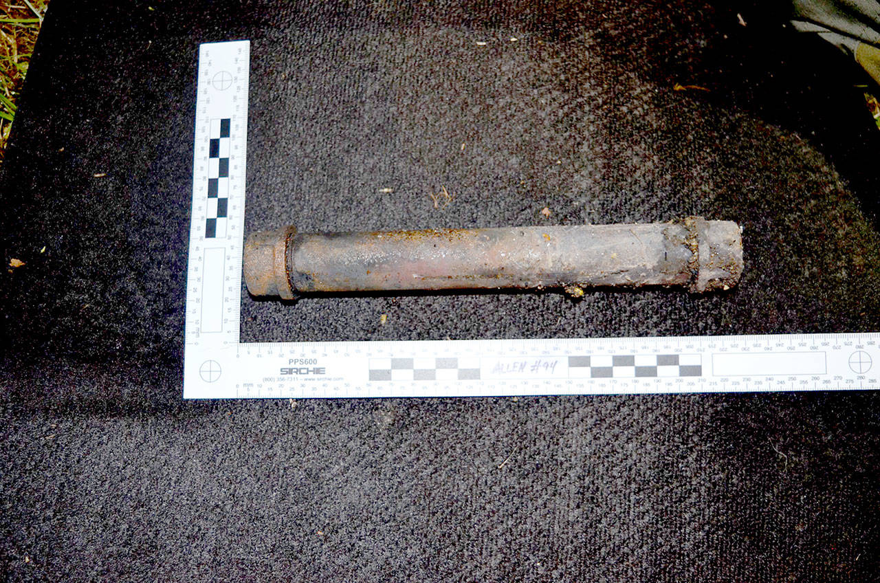 A suspected pipe bomb and other improvised explosives were found at the site of an explosion in Port Hadlock Tuesday night. The blast blew off a man’s arm and burned his granddaughter. (Photo courtesy of Jefferson County Sheriff’s Office)