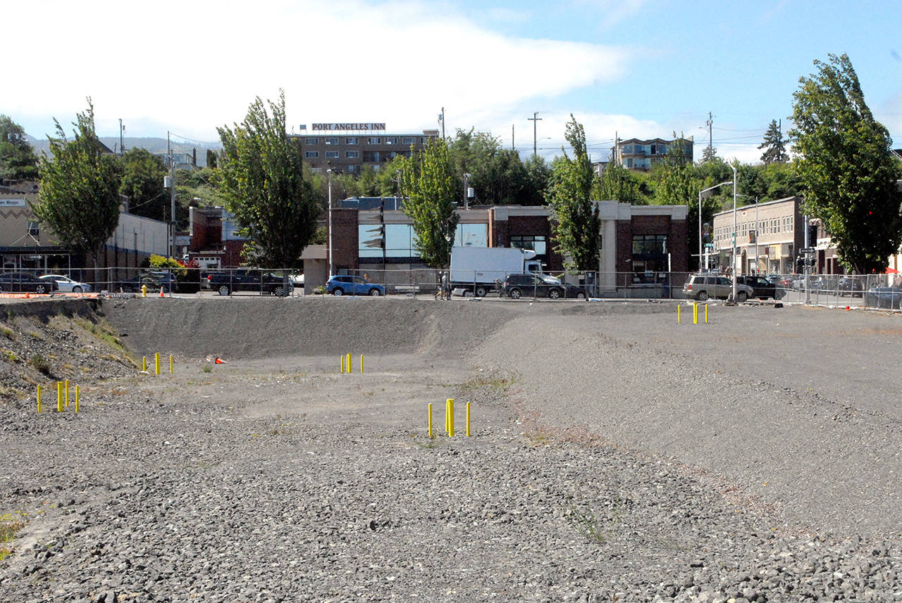 The site of a proposed 106-room hotel being planned by the Lower Elwha Klallam Tribe near the downtown Port Angeles waterfront sits idle on Friday as the tribe works with the city on infrastructure and environmental issues. (Keith Thorpe/Peninsula Daily News)