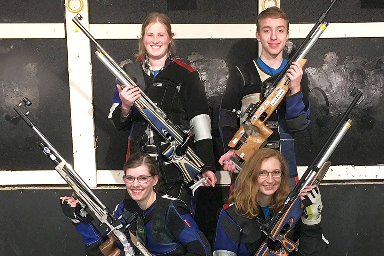 The Port Angeles Navy JROTC Precision Air Rifle Team became the first Port Angeles High School to qualify for the Navy JROTC National Championship. The team finished fifth in the nation in the virtual event. Team members from left are, back row, Meagan McCann and Kaeden Murphy and front, Cheyenne Maggard and Jenna Sanders.