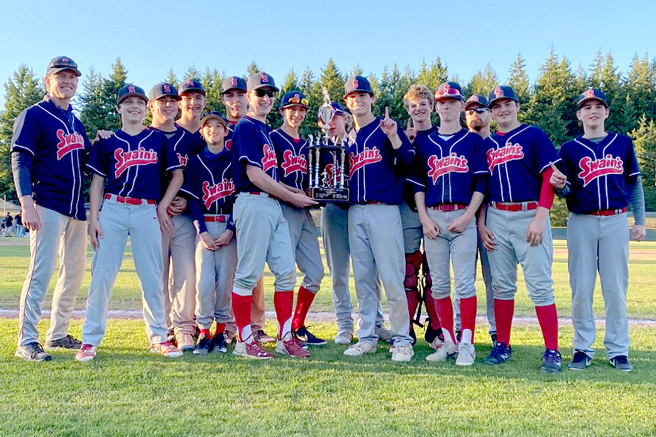 Swain's captured the Olympic Junior Babe Ruth baseball championship with a 12-7 win over Athlete's Choice. Team members and coaches are from left, coach Eric Flodstrom, Jude Wallace, Jordan Shumway, Hunter Tennell, Khyler Thompson, Joseph Ritchie, Aiden Swenson, Bryton Amsdill, Trae Hanson (behind trophy), Tanner Jacobsen, Luke Flodstrom, Tate Alton, coach Tim Adams, Ryland Proettie and Cody Martin.