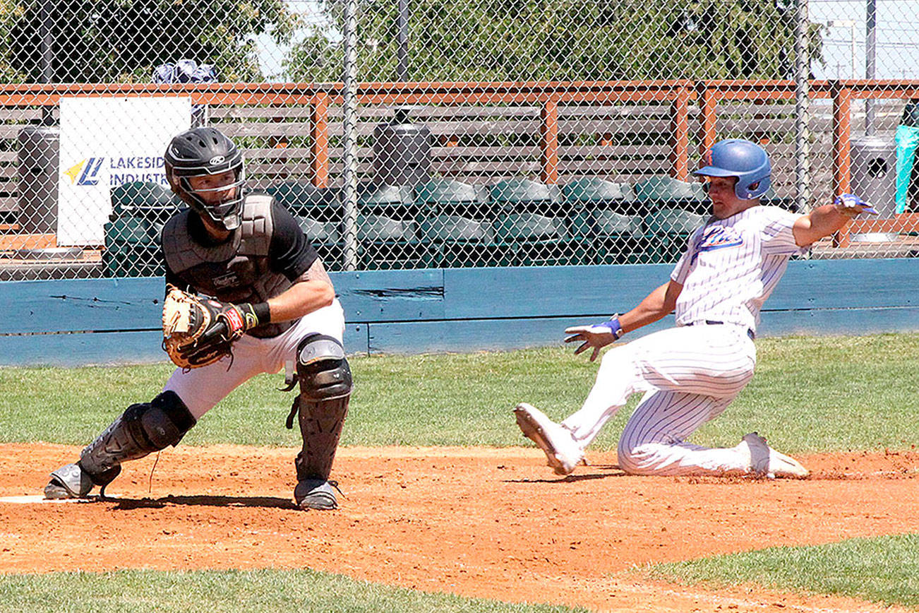 Dave Logan/for Peninsula Daily News
Richie Amavizca of the Lefties is forced out at  home on a bases loaded infield hit against Driveline on Sunday.