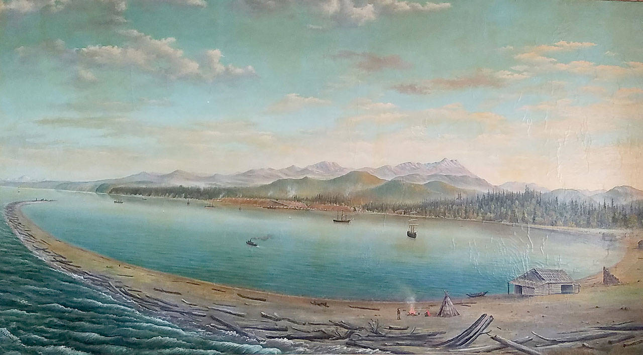 The painting of Port Angeles, its harbor and the Olympic Mountains by Count Johan Gustaf Kalling created for the 1893 World’s Fair in Chicago. (Courtesy of North Olympic History Center)
