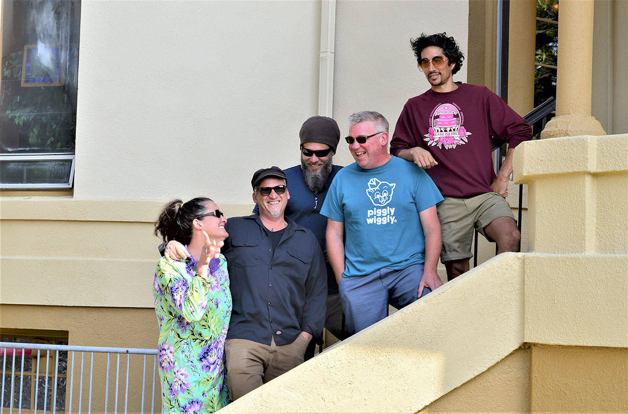 Uncle Funk and the Dope Six will play their first gig in nearly two years — a free, all-ages concert — this Saturday in the courtyard at Port Townsend’s Manresa Castle. The band includes, from left, singer Megan Hudson, guitarist Tim Halpin, percussionist Jesse Watson, bassist Kyle Dannert and drummer Tomoki Sage. Keyboardist Pete Lack was out of town but will soon return. (Diane Urbani de la Paz/Peninsula Daily News)
