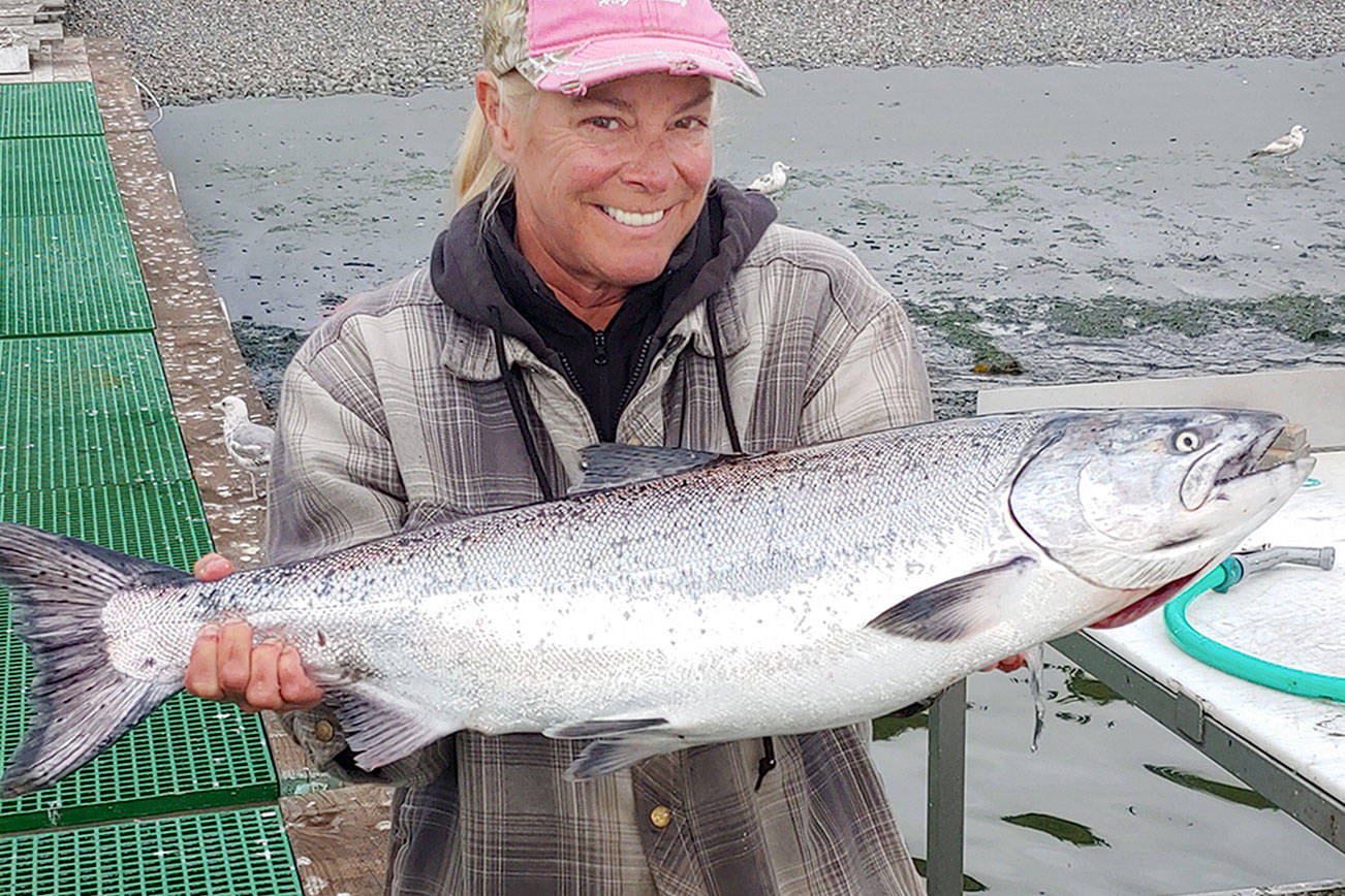 Sekiu's Kristy King hauled in this 18-pound hatchery chinook while mooching a cut-plug herring off Slip Point on the opening day of the 2020 recreational salmon season in marine areas 5 (Sekiu) and 6 (Port Angeles). The salmon season opens off Sekiu and Port Angeles today.