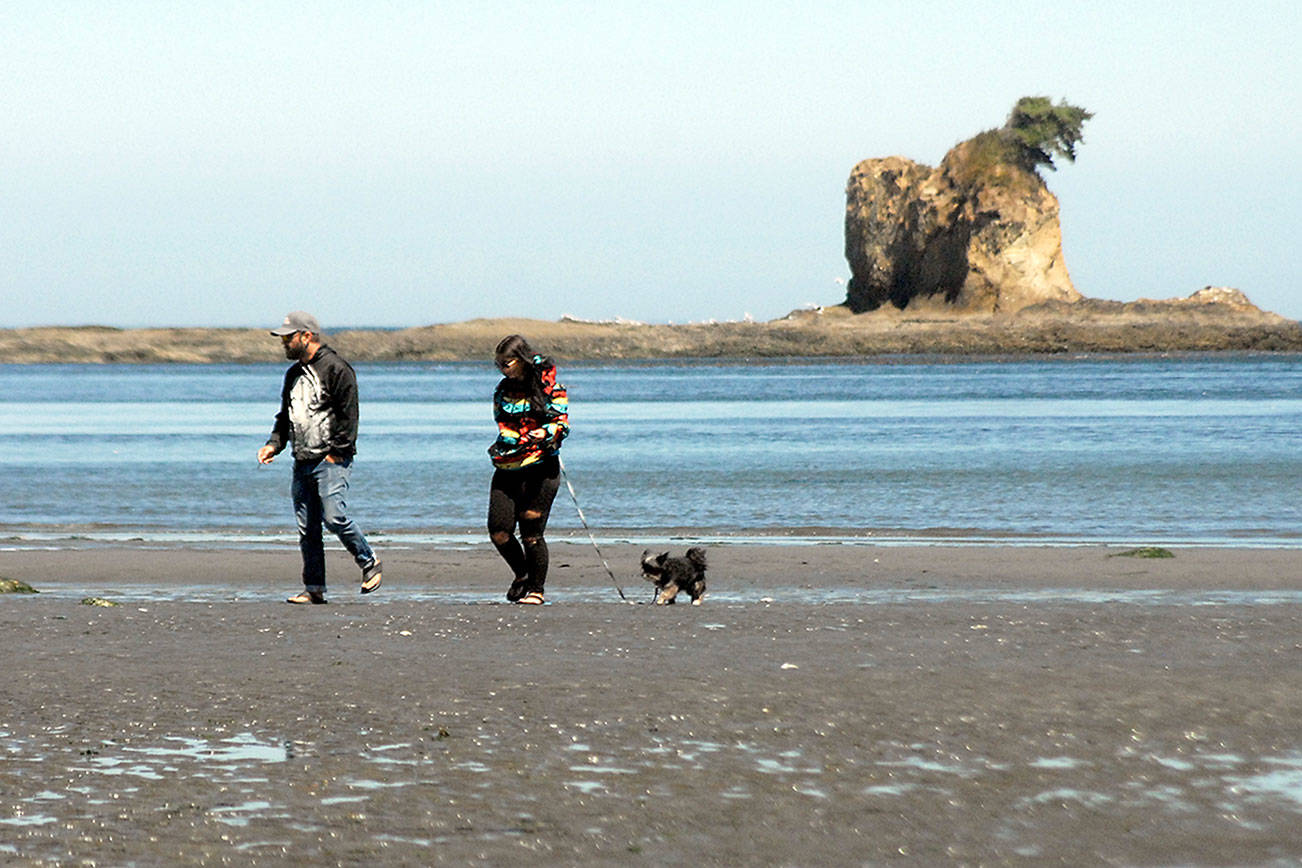 Keith Thorpe/Peninsula Daily News
Kris Foulk of Port Angeles and his daughter, Lulu Foulk of Broomfield, Colo., along with her dog, Jazz, walk along near water's edge at Freshwater Bay County Park west of Port Angeles on Thursday. A marine layer of clouds dissipated by afternoon, creating pleasant conditions for a beach stroll.