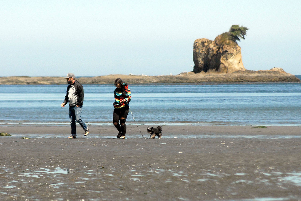 Kris Foulk of Port Angeles and his daughter, Lulu Foulk of Broomfield, Colo., along with her dog, Jazz, walk along near water’s edge at Freshwater Bay County Park west of Port Angeles on Thursday. A marine layer of clouds dissipated by afternoon, creating pleasant conditions for a beach stroll. (Keith Thorpe/Peninsula Daily News)