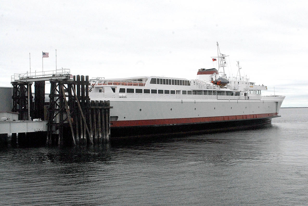 The ferry MV Coho sits at the dock on Saturday in Port Angeles, waiting to resume daily trips to Victoria once the U.S.-Canada border reopens to non-essential traffic. (Keith Thorpe/Peninsula Daily News)