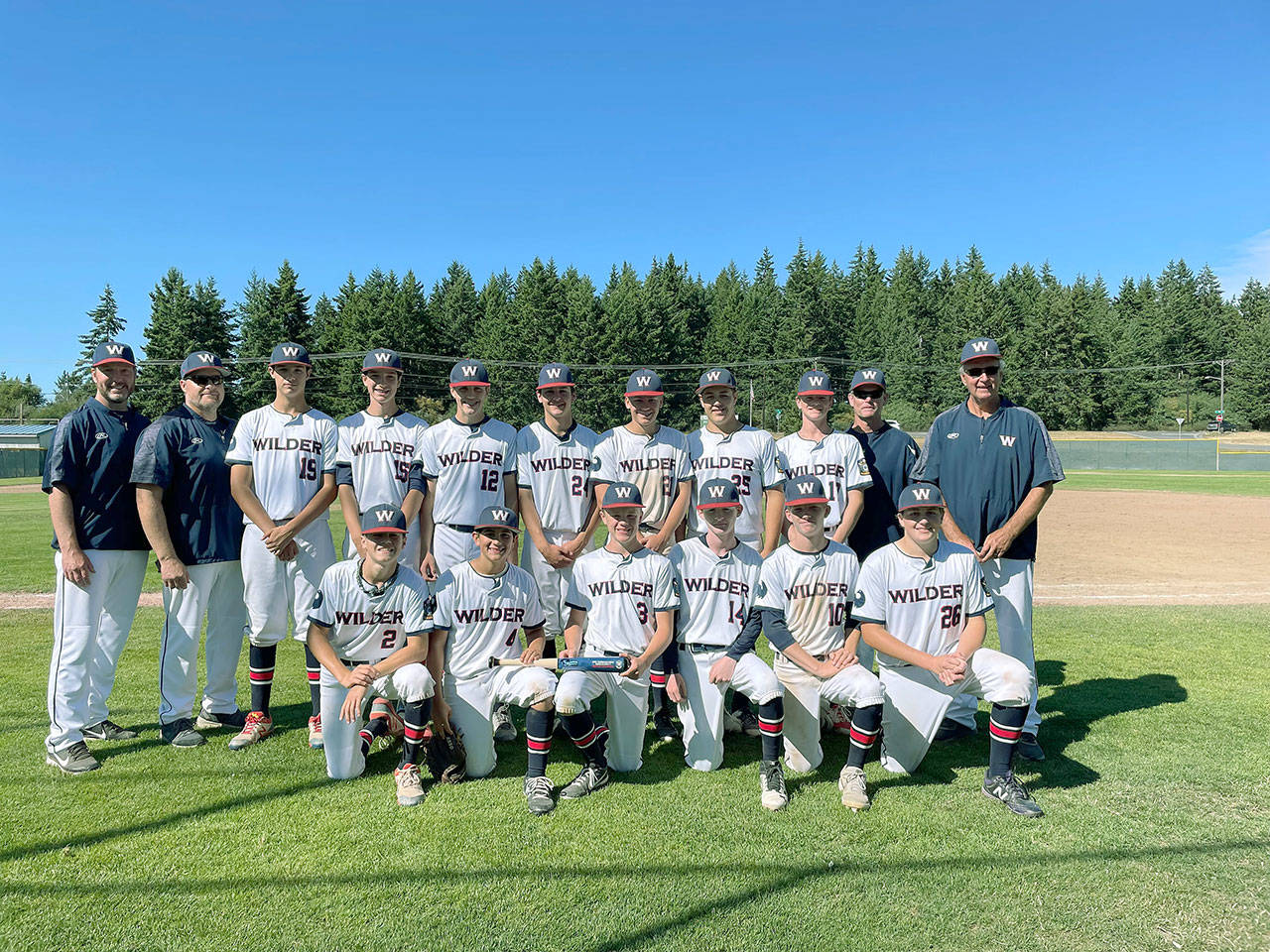 The Wilder A baseball team won the American Legion District 1 A Tournament held at Port Angeles’ Volunteer Field over the weekend. The team will compete at the American Legion A State Tournament in Spokane beginning Monday. Team members and coaches are front row, from left, Alex Angevine, Bryant Laboy, Hunter Stratford, Camren Sotebeer, Tate Alton and Braydan White; back row, from left, Manager Mike Politika, Coach Gary White, Juan Terrones, Rylan Politika, Blake Sohlberg, Dylan Micheau, Josiah Gooding, Joseph Ritchie, Luke Flodstrom, Coach Eric Flodstrom and Coach Steve Uvila. Not pictured is Ethan Staples.
