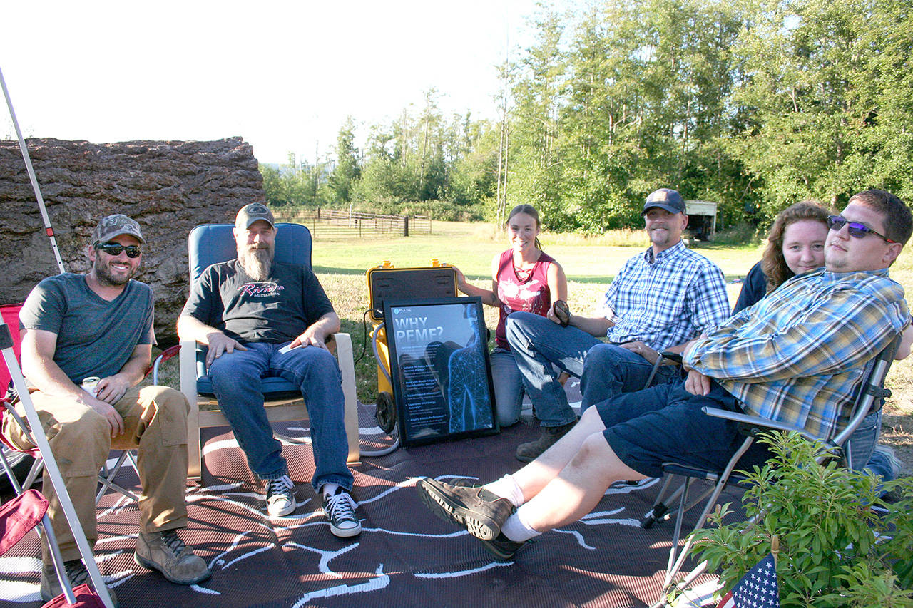 Cody Craig, left, Mark Jackson, Dayna Killam, Joe Marceau, Rachel Rowland and Ben Rowland are just a few who particpated in Olympic Peninsula Equine Network (OPEN) campout fundraiser at Layton Hill Horse Camp. (Karen Griffiths/for Peninsula Daily News)