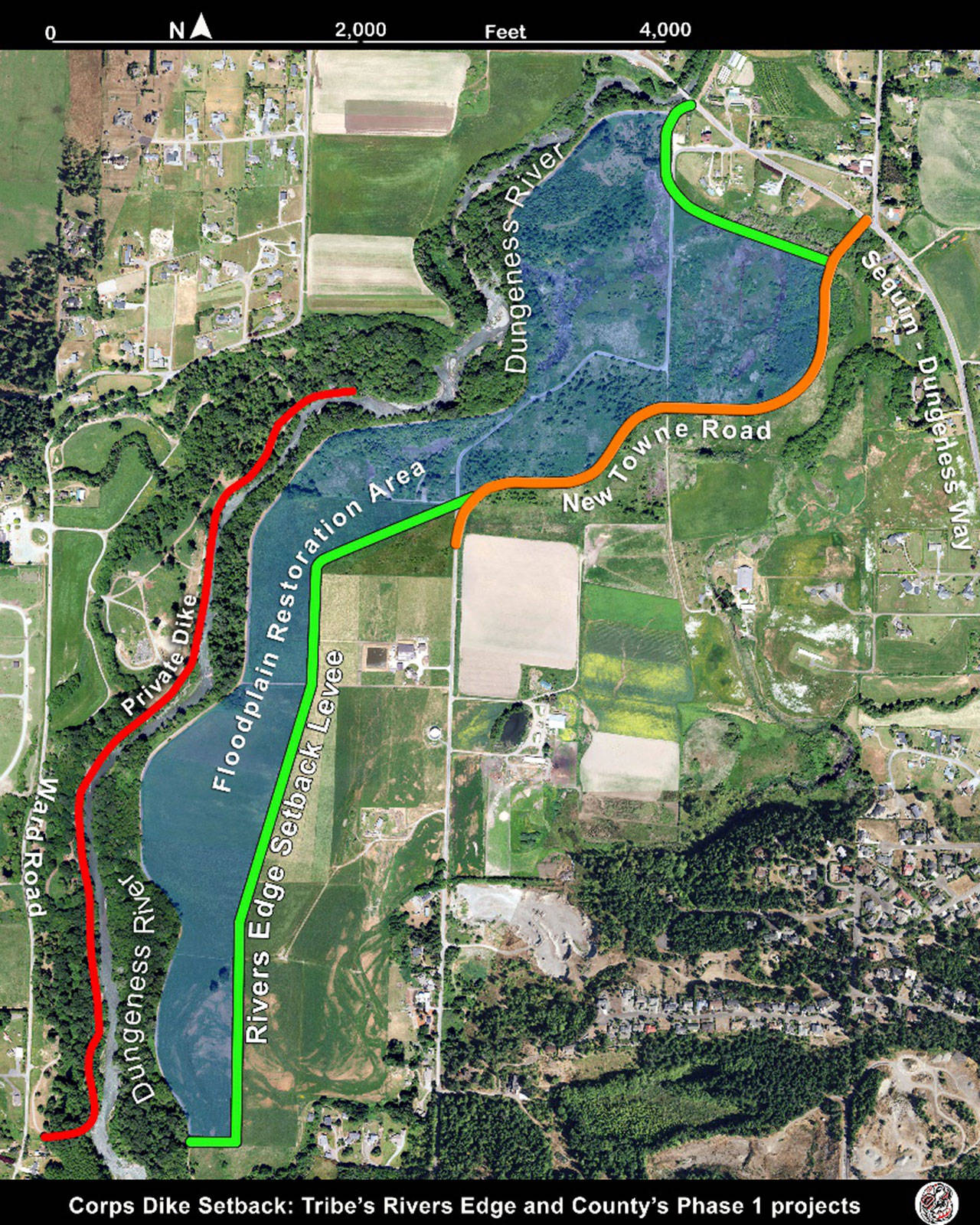 A schematic details the Rivers Edge setback levee, construction of which is in progress and expected to finish in September. (Map courtesy of Jamestown S’Klallam Tribe)