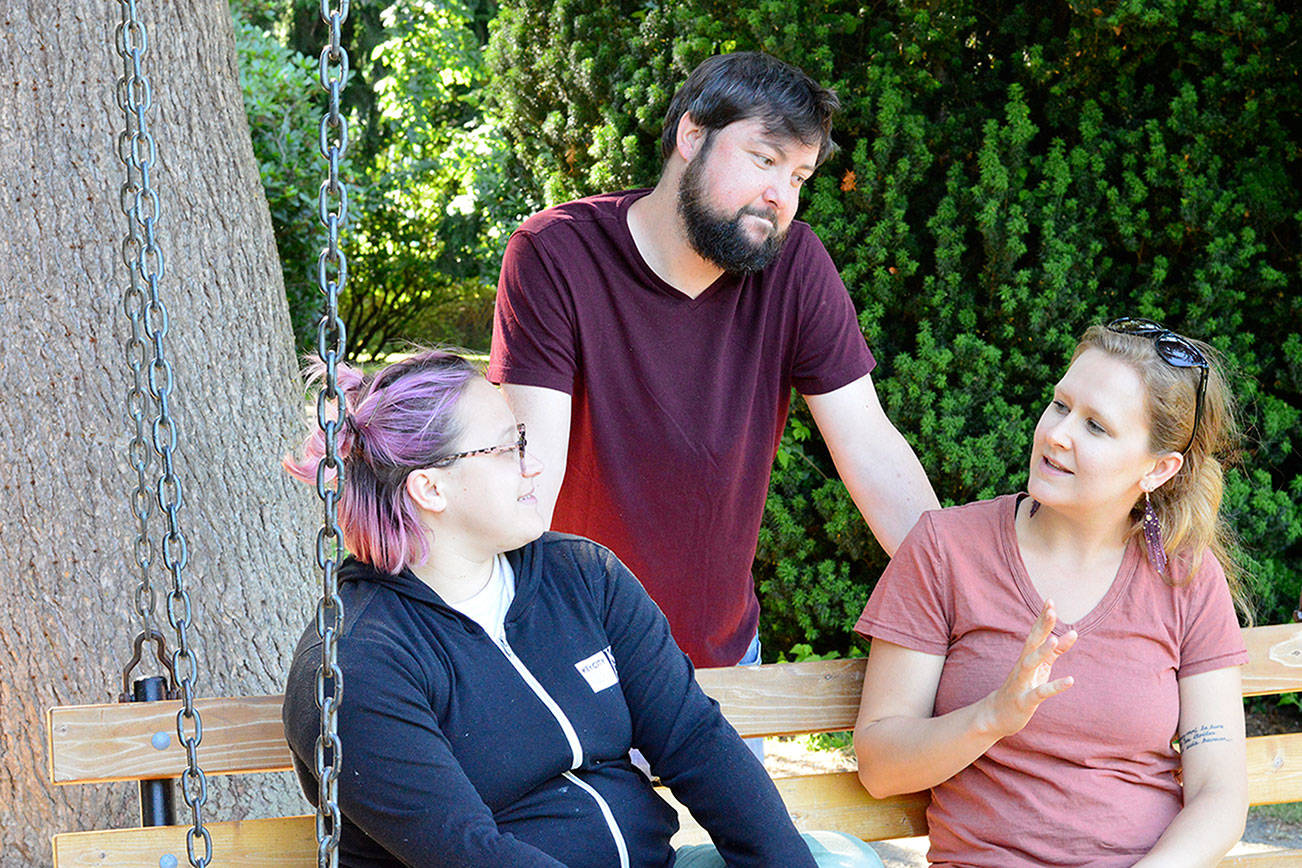 Teaching artists Bry Kifolo, left, Brendan Chambers and Maggie Bulkley will lead two youth theater workshops -- one for 8- to 12-year-olds and one for 13- to 17-year-olds -- in Quilcene next month.  Diane Urbani de la Paz/Peninsula Daily News