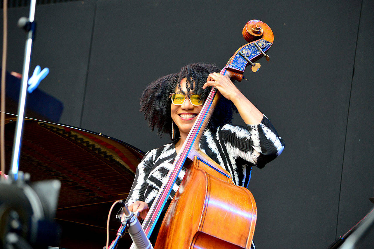 Detroit native Marion Hayden is part of the Jazz Port Townsend ensemble, which filled the air with music during Saturday’s long-awaited concert at Fort Worden State Park. The sold-out show, presented by Centrum, drew listeners inside and outside the fence around Littlefield Green beside McCurdy Pavilion. Centrum’s Acoustic Blues Festival concert, also on the green, is set for next Saturday. (Diane Urbani de la Paz/Peninsula Daily News)
