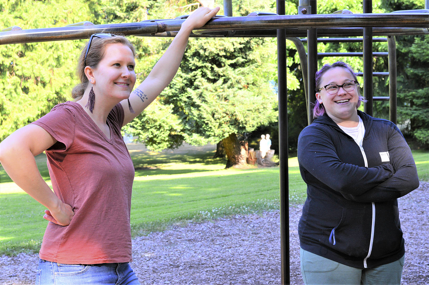 The leaders of two Aug. 14-15 theater camps in Quilcene — for children age 8 to 12 and teens 13 to 17 — include teaching artists Maggie Bulkley, left, and Bry Kifolo of Key City Public Theatre. (Diane Urbani de la Paz/Peninsula Daily News)
