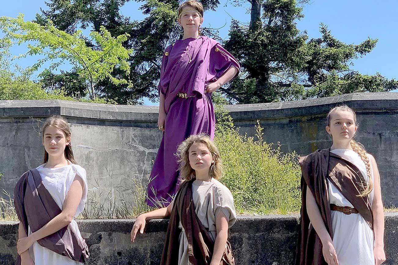 Port Townsend eighth-grader Peter Sanok, top, plays the title role in “Timon of Athens,” the movie to screen this week at Chimacum’s Finnriver Farm & Cidery. Costarring are, from left, eighth-graders Auden Darrock and Anna Munn and seventh-grader Sierra Douglas. (Photo by Maggie Kelley)