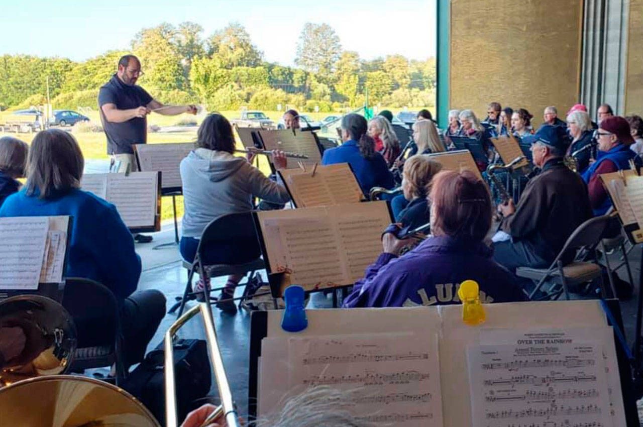 Sequim City Band members rehearse in mid-July for the first time in 16 months. The band hosts “Together Again,” a free concert at the James Center for the Performing Arts, on Aug. 22. Photo courtesy of Sequim City Band/facebook