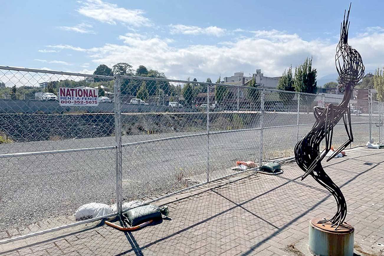 Several months have passed since work proceeded on the Lower Elwha Klallam Tribe’s downtown Port Angeles hotel, but the project passed a major hurdle when the tribe lowered the height. (Paul Gottlieb/Peninsula Daily News)