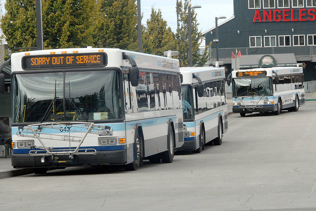 Keith Thorpe/Peninsula Daily News
Clallam Transit buses line up at the The Gateway Transit Center in downtown Port Angeles on Friday.