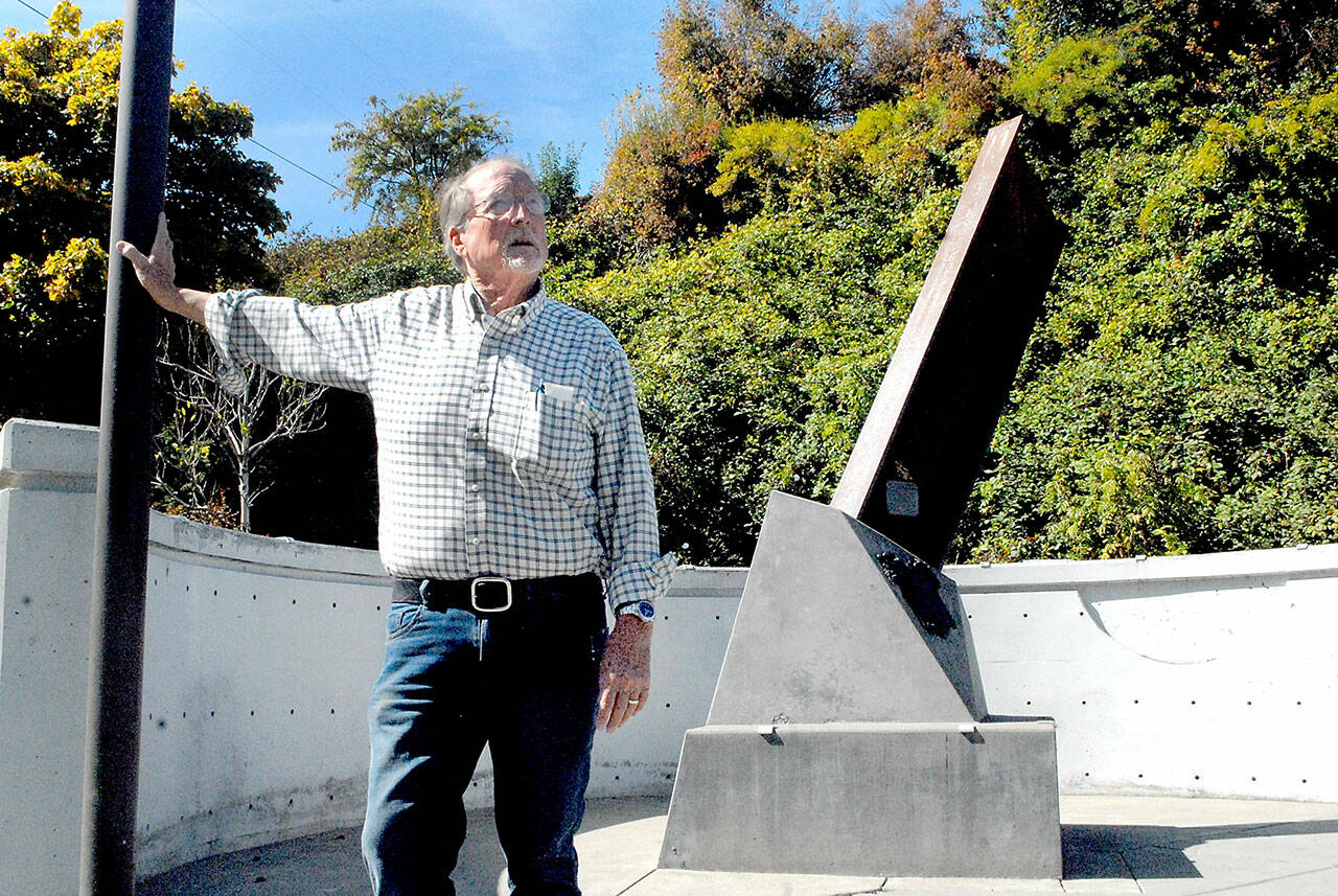 Alan Barnard, who co-founded the public safety monuments, including one made from a girder from the World Trade Center, right, will conduct a remembrance ceremony at 9/11 Memorial Park in Port Angeles on Saturday, the 20th anniversary of the terrorist attacks on New York and Washington, D.C. (Keith Thorpe/Peninsula Daily News)