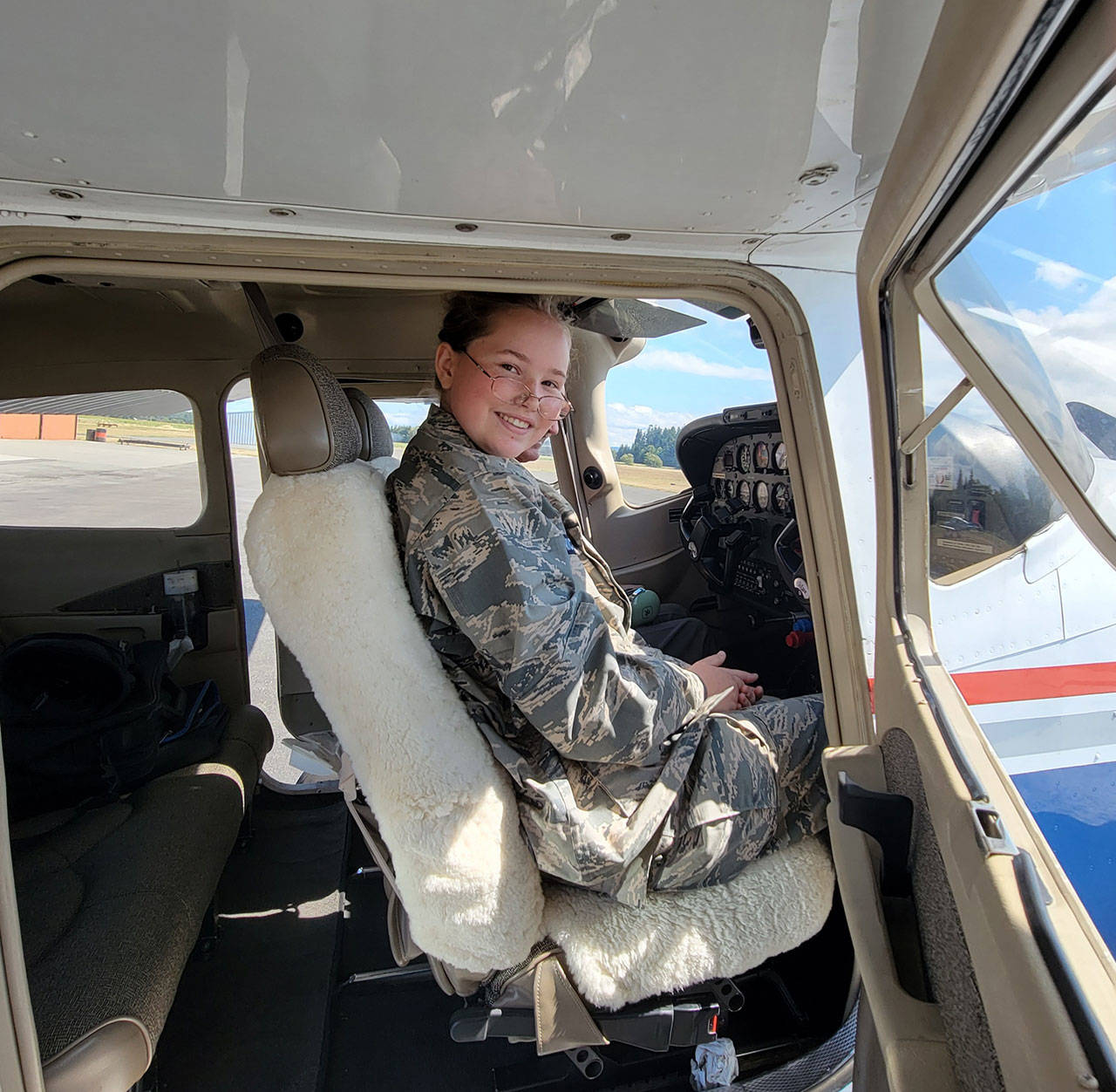 Cadet Genna Nickel of Port Angeles completes her first orientation flight with Civil Air Patrol on Aug. 8.