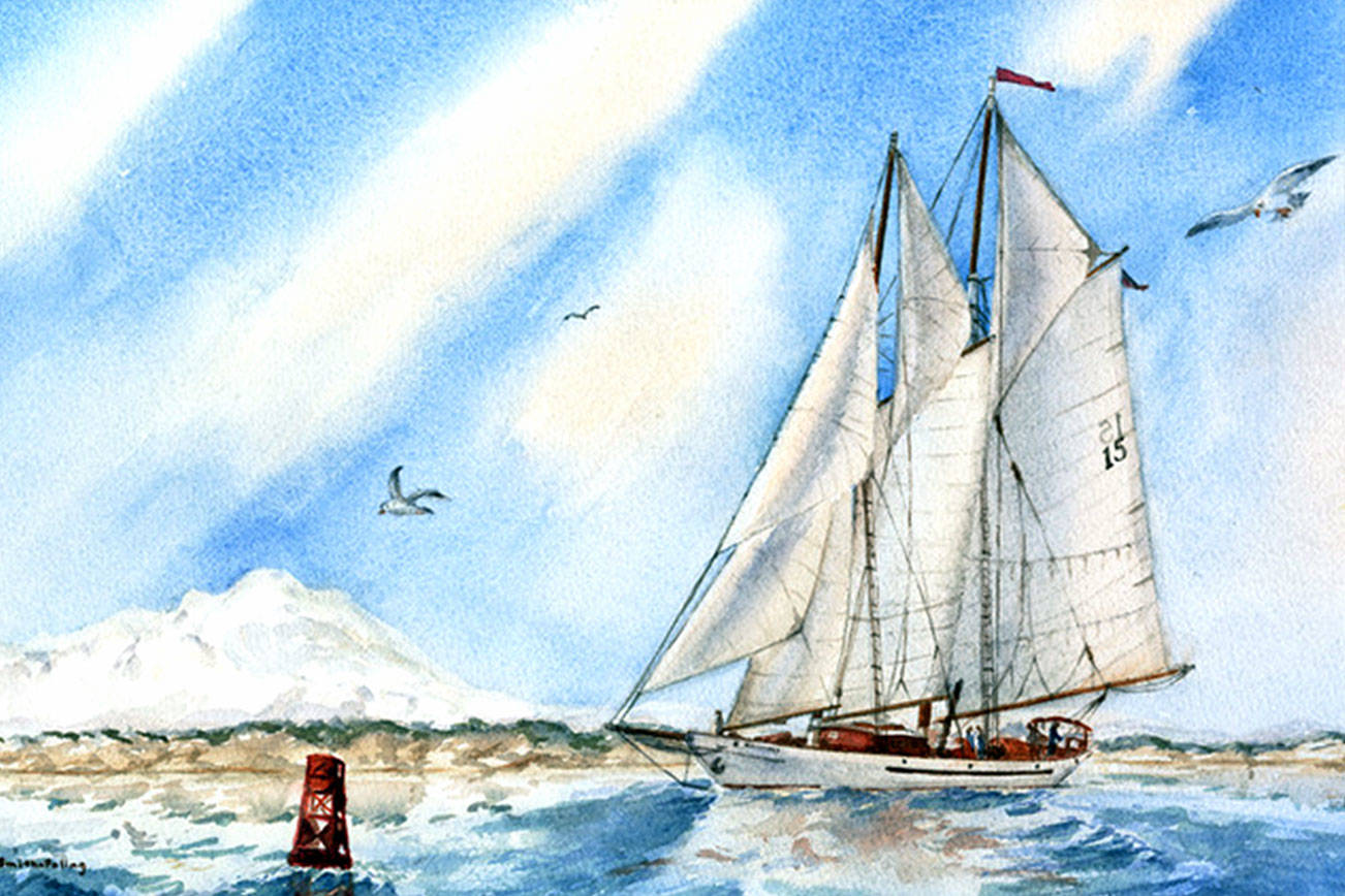 A watercolor of the Schooner Adventuress by Sandra Smith-Poling will be exhibited at Gallery 9 during September.