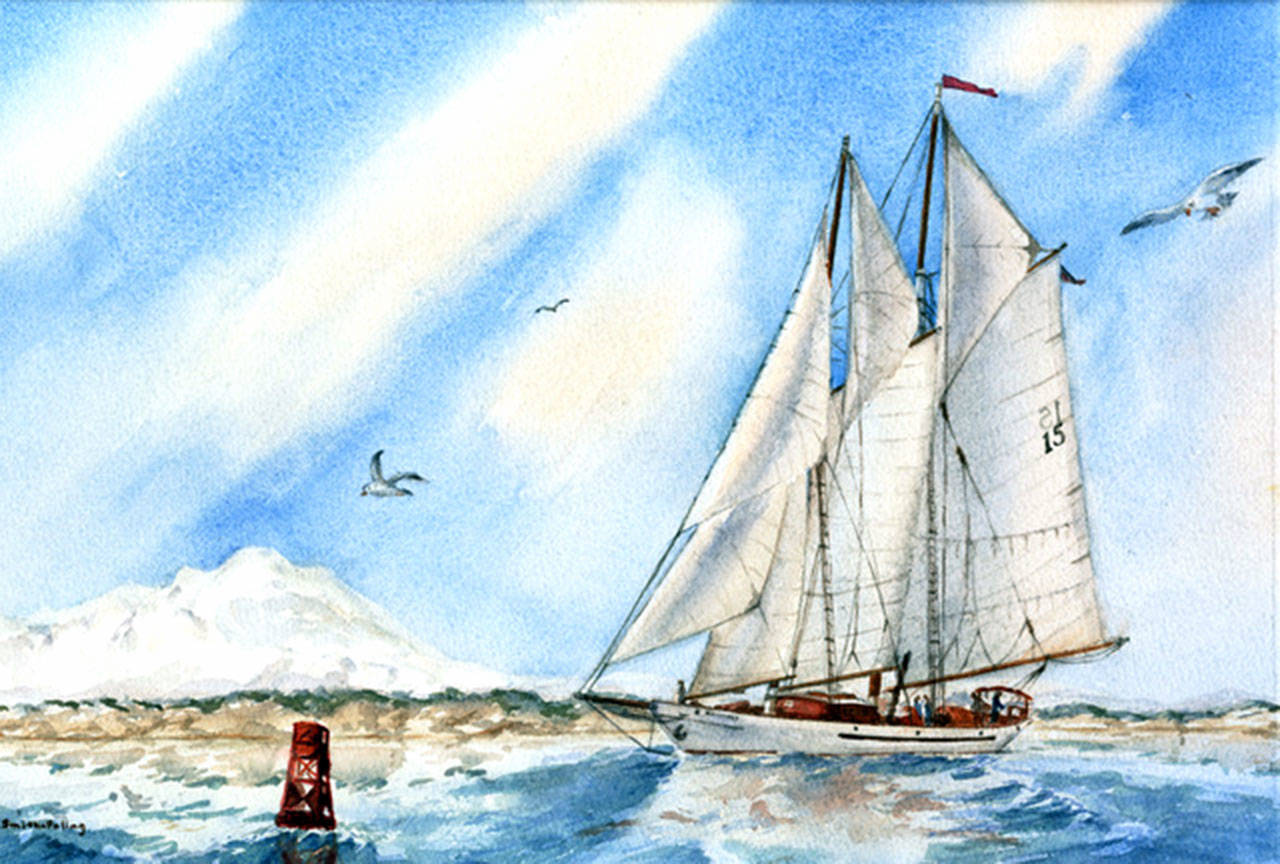 A watercolor of the Schooner Adventuress by Sandra Smith-Poling will be exhibited at Gallery 9 during September.