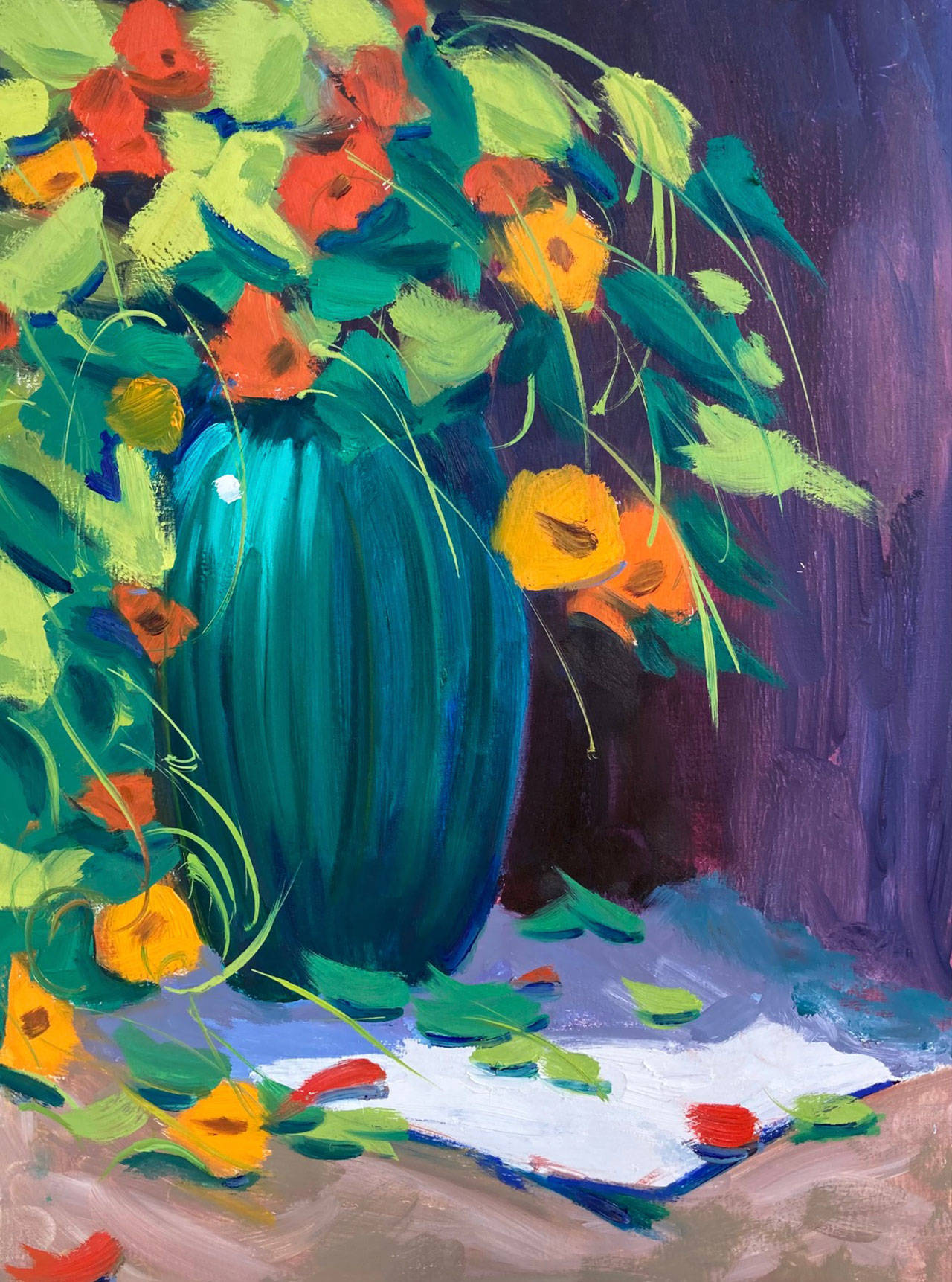 “Flutter of Nasturtiums” (oil on linen) by Jinx Bryant, a Sequim artist whose work will be on display Sept. 4-5 at the annual ARTfusion event. Submitted art
