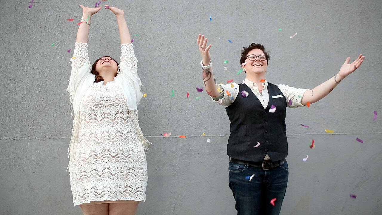 Felicidad Garcia, left, marries Dese’rae L. Stage in one of the joyful moments in “The S Word,” the Port Townsend Film Festival Pic available for free streaming throughout this week. (Photo courtesy of “The S Word”)