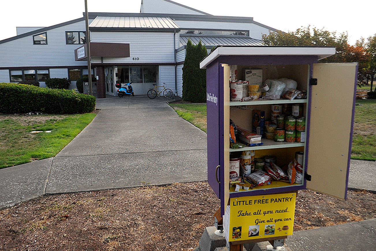 A Little Free Pantry went up in mid-August in front of the YMCA of Sequim with various types of food available 24/7. (Matthew Nash/Olympic Peninsula News Group)