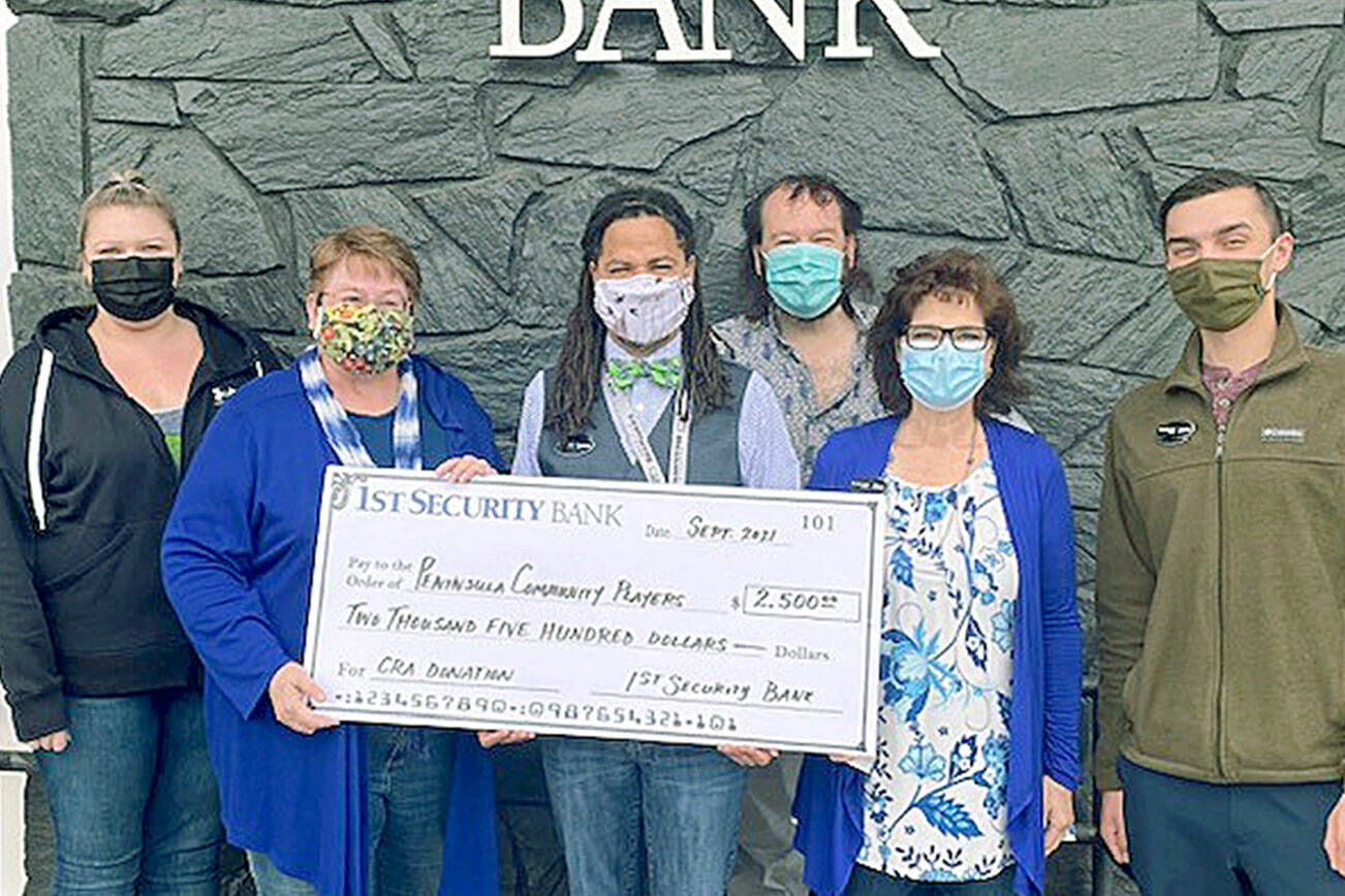 The Port Angeles Branch of 1st Security Bank recently donated $2,500 to the Port Angeles Community Players to upgrade the ventilation system in the playhouse.

The improved system will make it safer for audiences at the player’s performances.

Pictured, from left to right, are Stephanie McFadden, Barbara Frederick, Tyrone Beatty, Richard Stephens, Elisa Simonsen and John James.