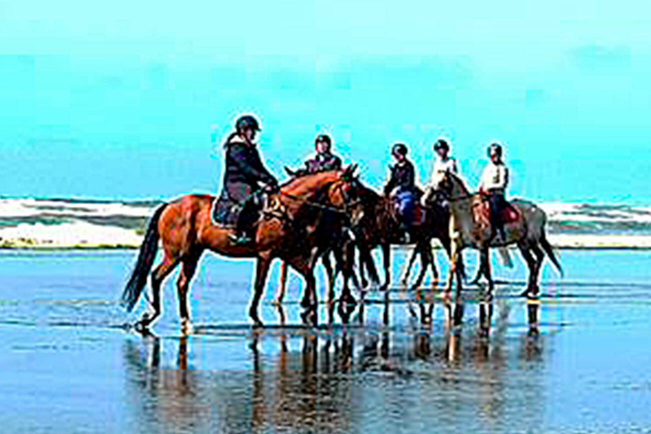 Photo by Kimi Robertson
In August Freedom Farm’s trainer Mary Gallagher (far right) took her Advanced Hoof Beats students to camp and ride along the shore on the west side of the Olympic Peninsula in Long Beach.  All came home with wonderful lifetime memories.