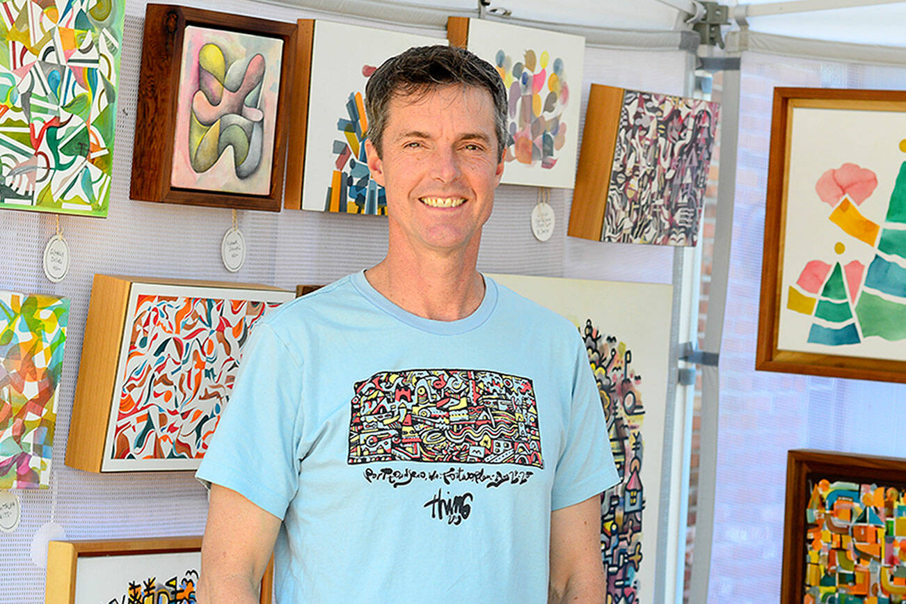 Mike Biskup, who has an exhibition in the Peninsula College PUB Gallery, also shows work at his booth on Water Street in Port Townsend. Diane Urbani de la Paz/Peninsula Daily News