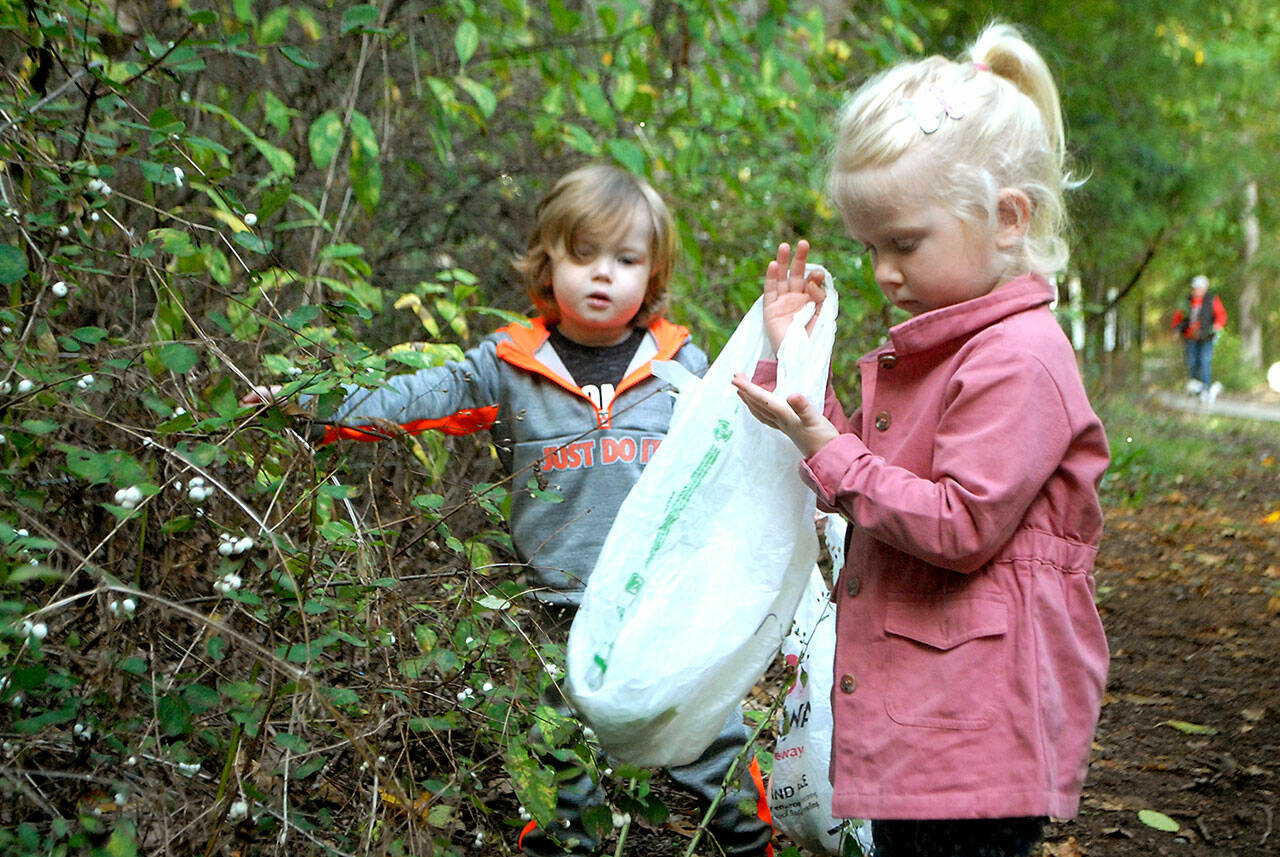 Tucker Weatherly, 3, and Mary Wakefield, 2 1/2, collect leaves and berries from bushes and trees at Railroad Bridge Park in Sequim. They were both on a nature outing last week from Carlsborg-based Bibity Bobity Child Care. (Keith Thorpe/Peninsula Daily News)