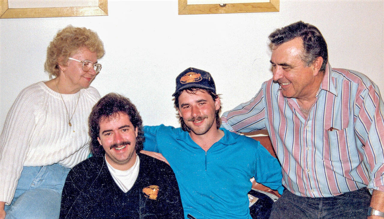 Irene and Chuck Lukey celebrated the 26th birthday of their twins Michael, second from left, and Mark Lukey in 1991. The Lukeys, who raised six children in Port Angeles, both died of COVID-19. (Photo courtesy of Mark Lukey)