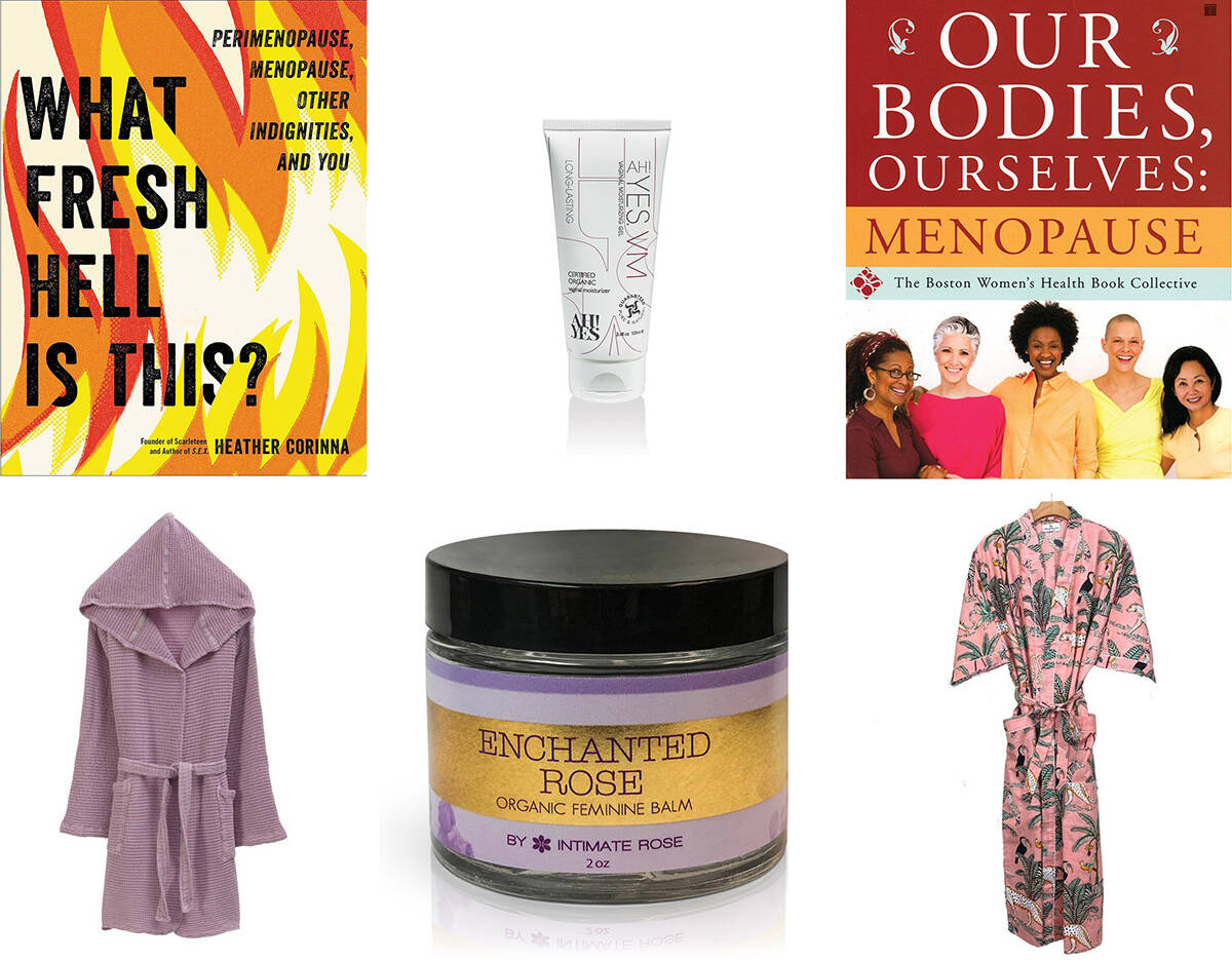 Find great products to help relieve common symptoms of menopause at Vespertine Boutique. Clockwise from top left: ‘What Fresh Hell is This?’ by Heather Corinna, Ah! Yes Vaginal Moisturizer, ‘Our Bodies, Ourselves: Menopause’ by the Boston Women’s Health Book Collective, Fox and Mermaid robe, Organic Feminine Balm, hooded robe by Aylin Coleri.