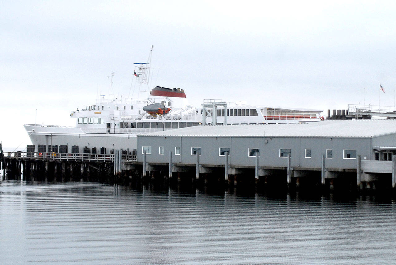 The ferry MV Coho sits at its Port Angeles dock on Tuesday, waiting for the opportunity to resume service to Victoria. (Keith Thorpe/Peninsula Daily News)