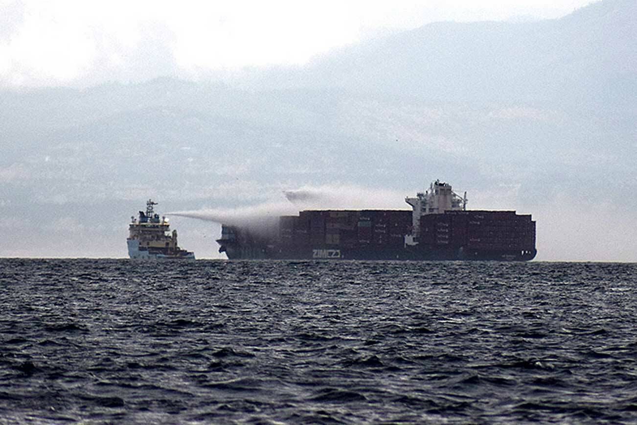 Containers aboard the MV Zim Kingston are on fire near Victoria. (Victoria News)