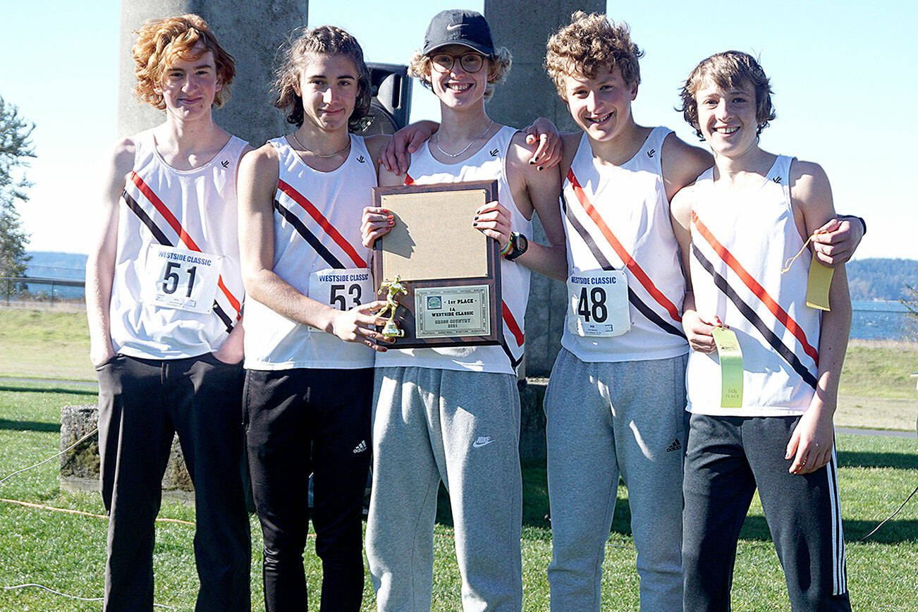 From left, Mark Anderson, Sebastian Manza, Max Allworth-Miles, Glen Dawson and Soare Johnston, members of the East Jefferson boys cross-country team, won the District 3 championship this weekend and will be running at the state 1A meet in Pasco. (Courtesy of Ran Johnson)
