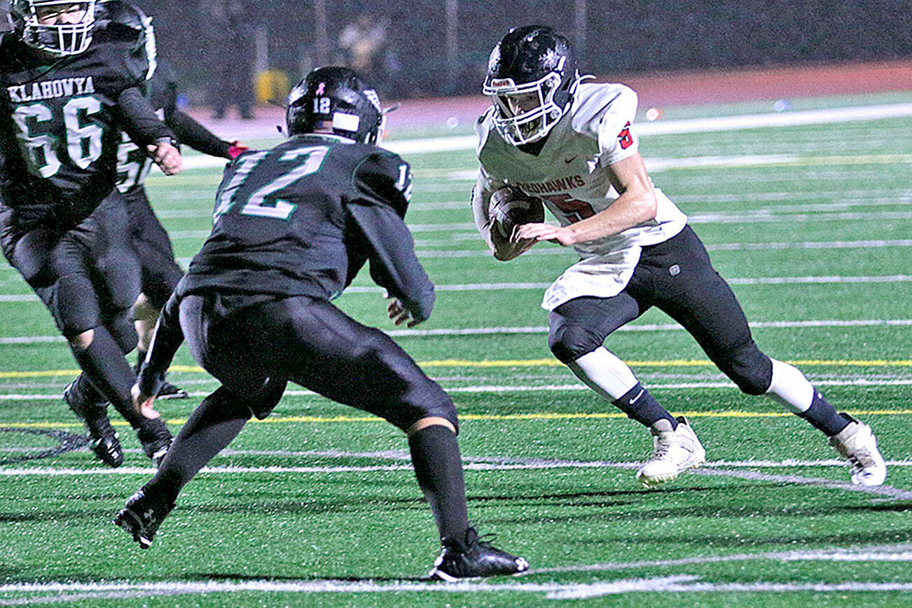 East Jefferson's Trevor Wilson runs against Klahowya on Thursday. The Rivals crushed the Eagles 43-6 to win the Nisqually 1A championship. East Jefferson plays its final regular-season game tonight before beginning its postseason. (Courtesy of Lisa Jensen)