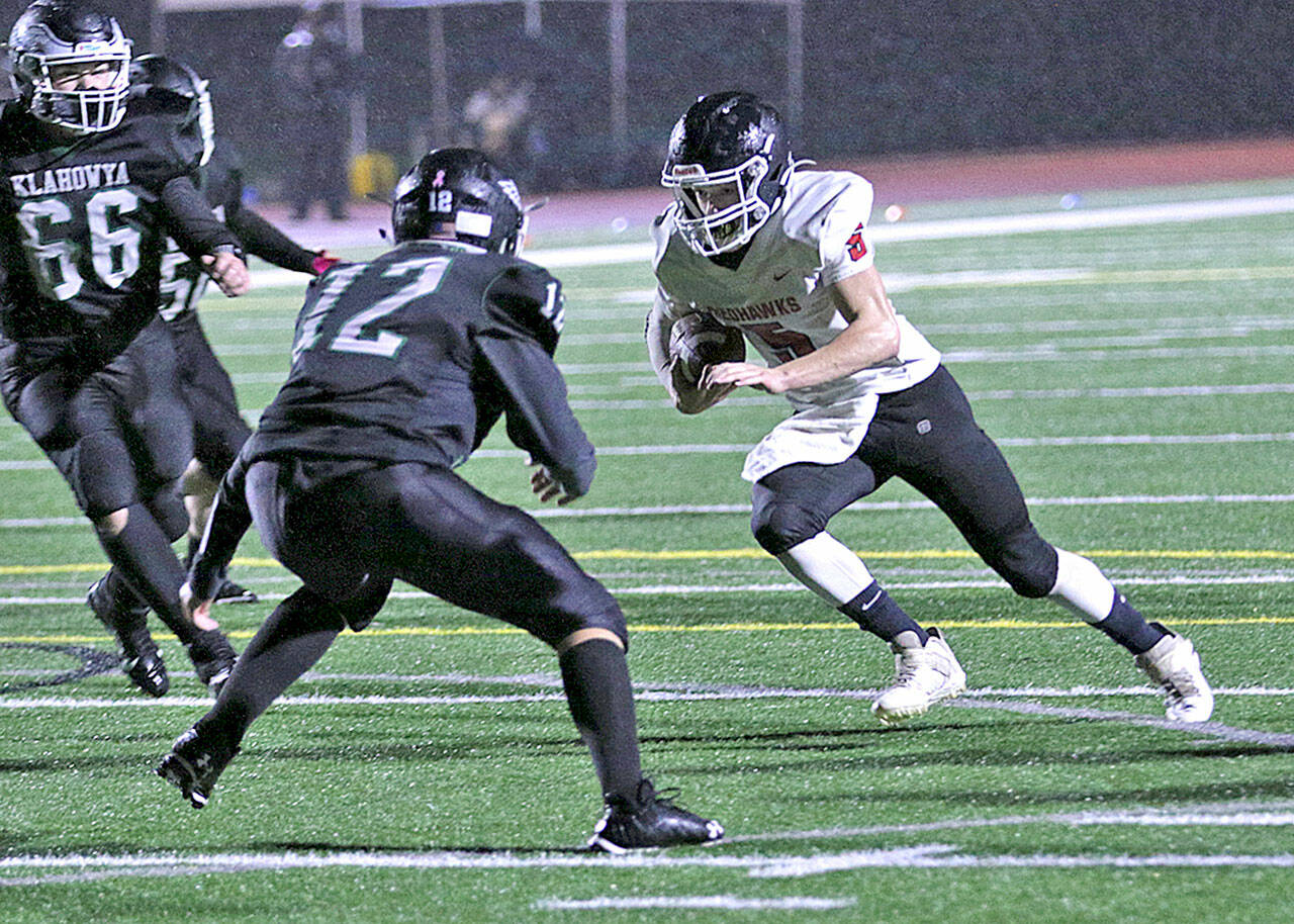 East Jeffersons Trevor Wilson runs against Klahowya on Thursday. The Rivals crushed the Eagles 43-6 to win the Nisqually 1A championship. East Jefferson plays its final regular-season game tonight before beginning its postseason. (Courtesy of Lisa Jensen)