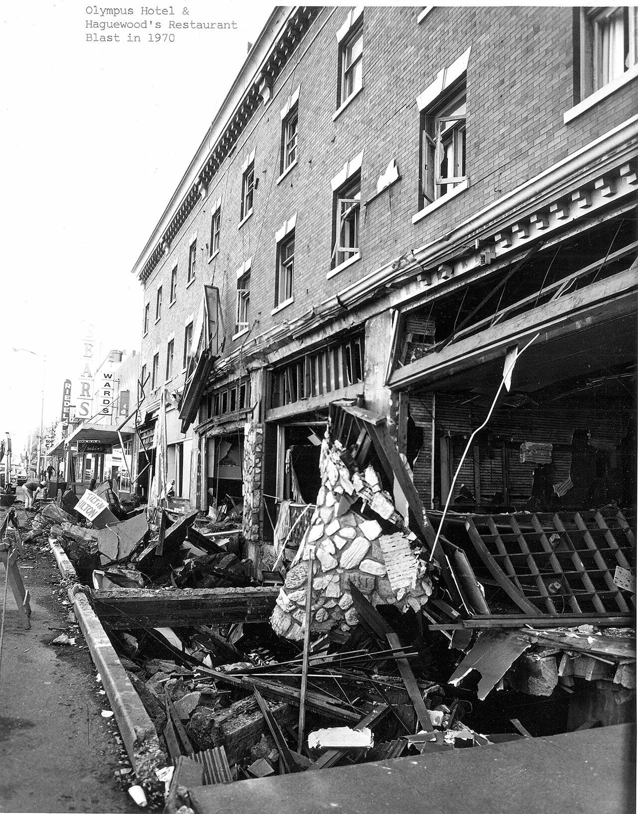 The damage caused by the blast to Haguewood’s Restaurant and Olympus Motel. (Courtesy of the North Olympic History Center)