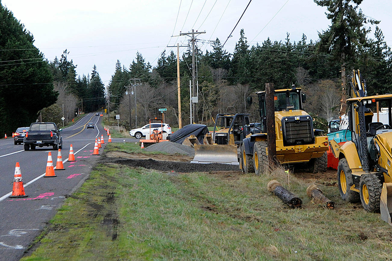 As constructions progresses on the installation of a roundabout at the intersection of Woodcock Road and Sequim-Dungeness Way, traffic is anticipated to alternate from one side to the other through mid-April with minimal delays, Clallam County roads staff said. (Matthew Nash/Olympic Peninsula News Group)