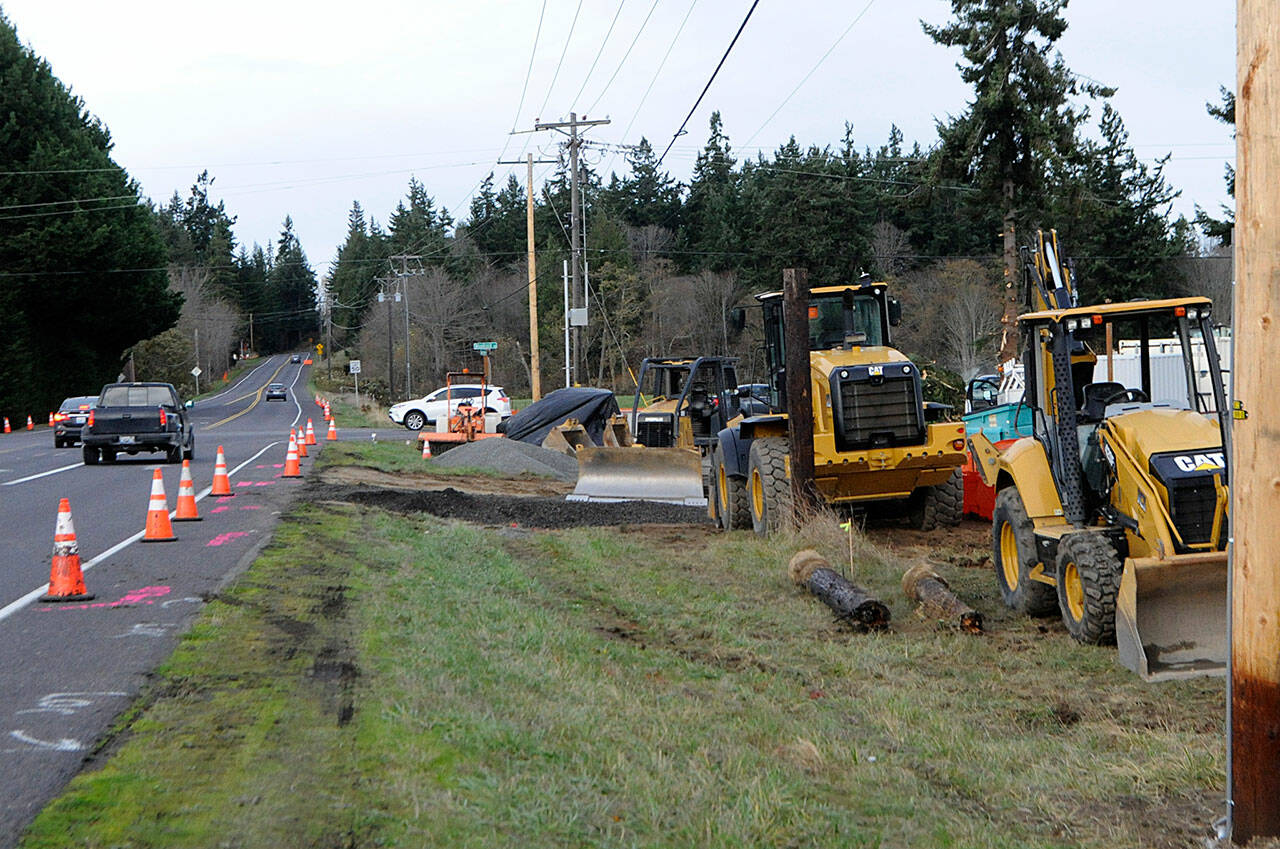 As constructions progresses on the installation of a roundabout at the intersection of Woodcock Road and Sequim-Dungeness Way, traffic is anticipated to alternate from one side to the other through mid-April with minimal delays, Clallam County roads staff said. (Matthew Nash/Olympic Peninsula News Group)