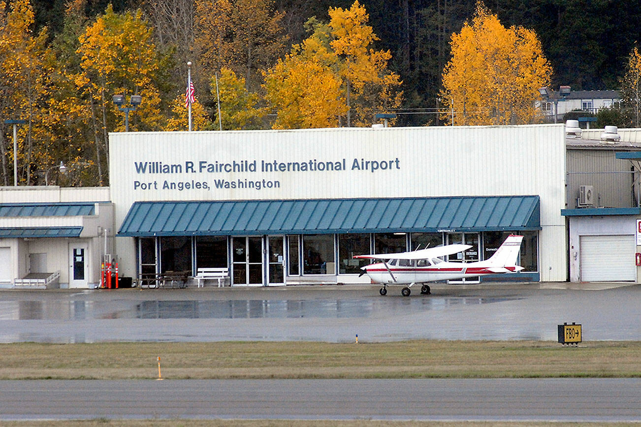 A Rite Bros. Aviation Cessna sits outside the terminal building at William R. Fairchild International Airport in Port Angeles on Tuesday. (Keith Thorpe/Peninsula Daily News)