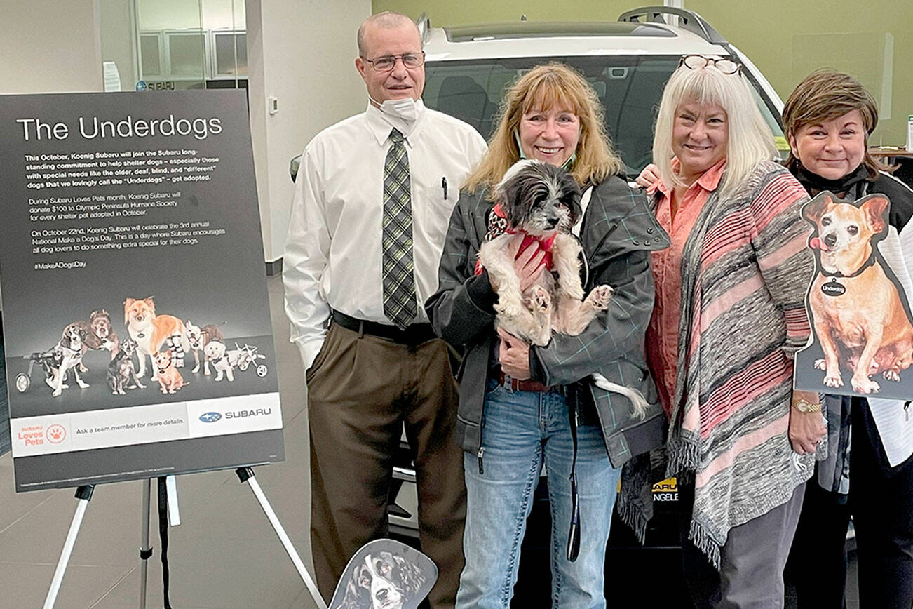 Koenig Subaru celebrated the third National Make a Dog’s day with a $100 donation to the Olympic Peninsula Humane Society for each pet adopted during the month. Pictured, from left to right, are Ken Cardella; Patty Mendenwald, with Winnie; Nadean Portner; and Luann Hinkle, executive director of Olympic Peninsula Humane Society.