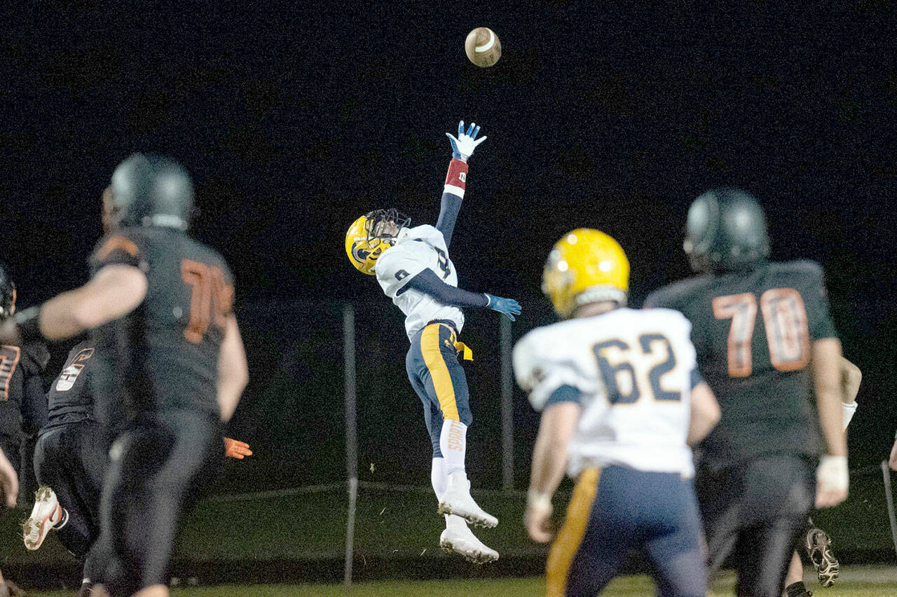 Forks Dalton Kilmer leaps for a pass during an October game with Napavine. Kilmer was one of numerous Spartans named to the Class 2B Southwest District North Division All-League Team this week. (Alec Dietz/The Chronicle)