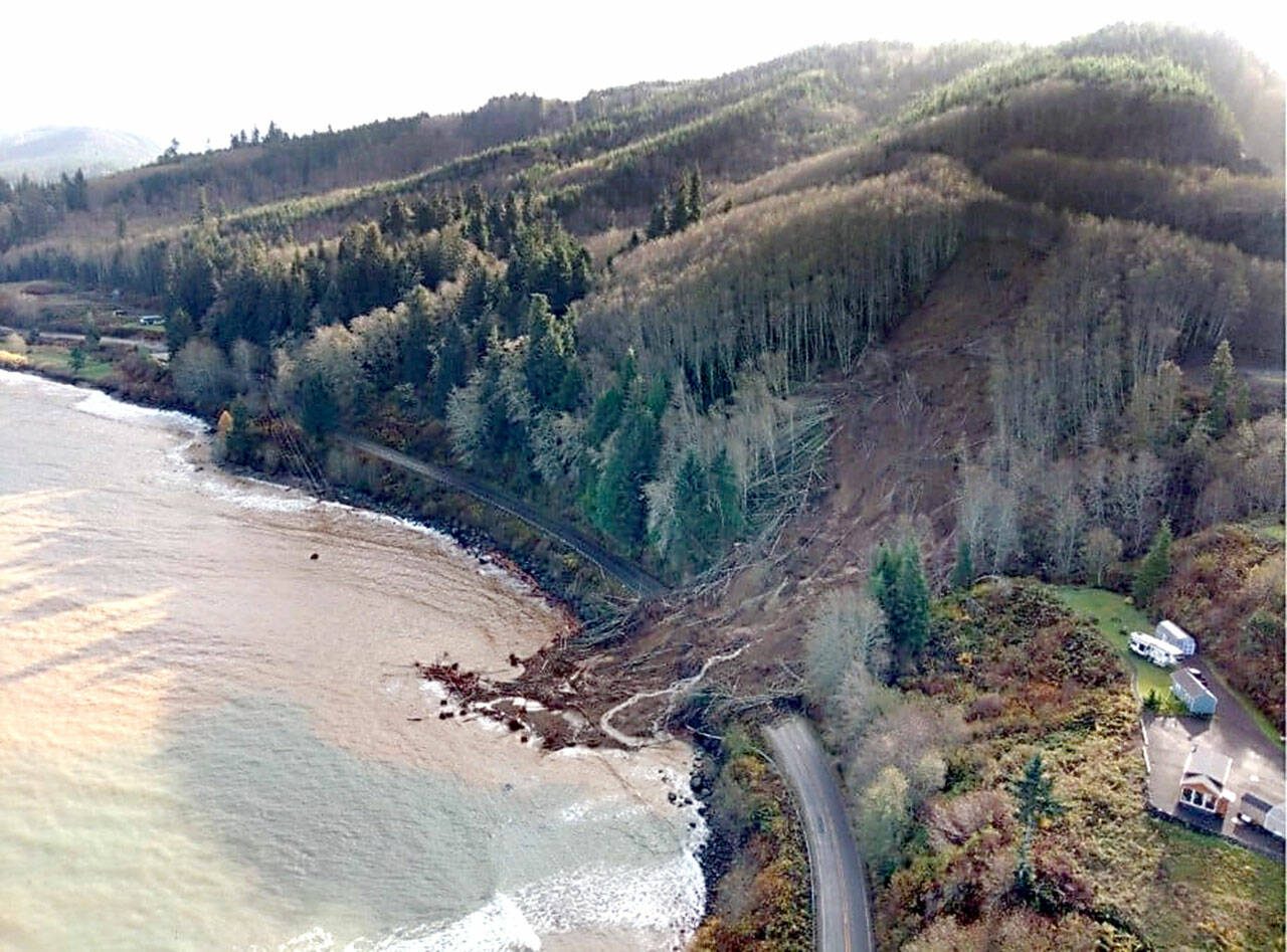 A massive landslide between Clallam Bay and Sekiu was created by this week’s storms. (Washington State Department of Transportation)